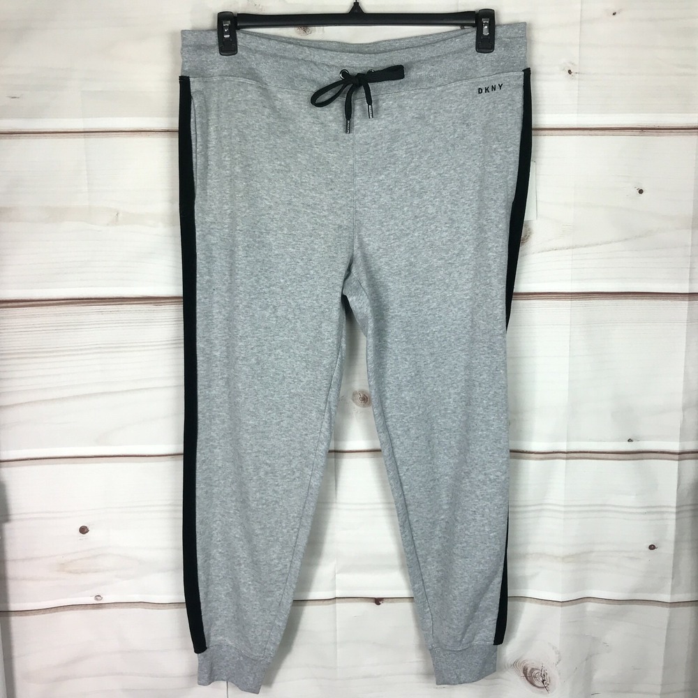 DKNY Sport Sweatpants Womens XL Gray Drawstring Joggers Velour-Trimmed Fleece